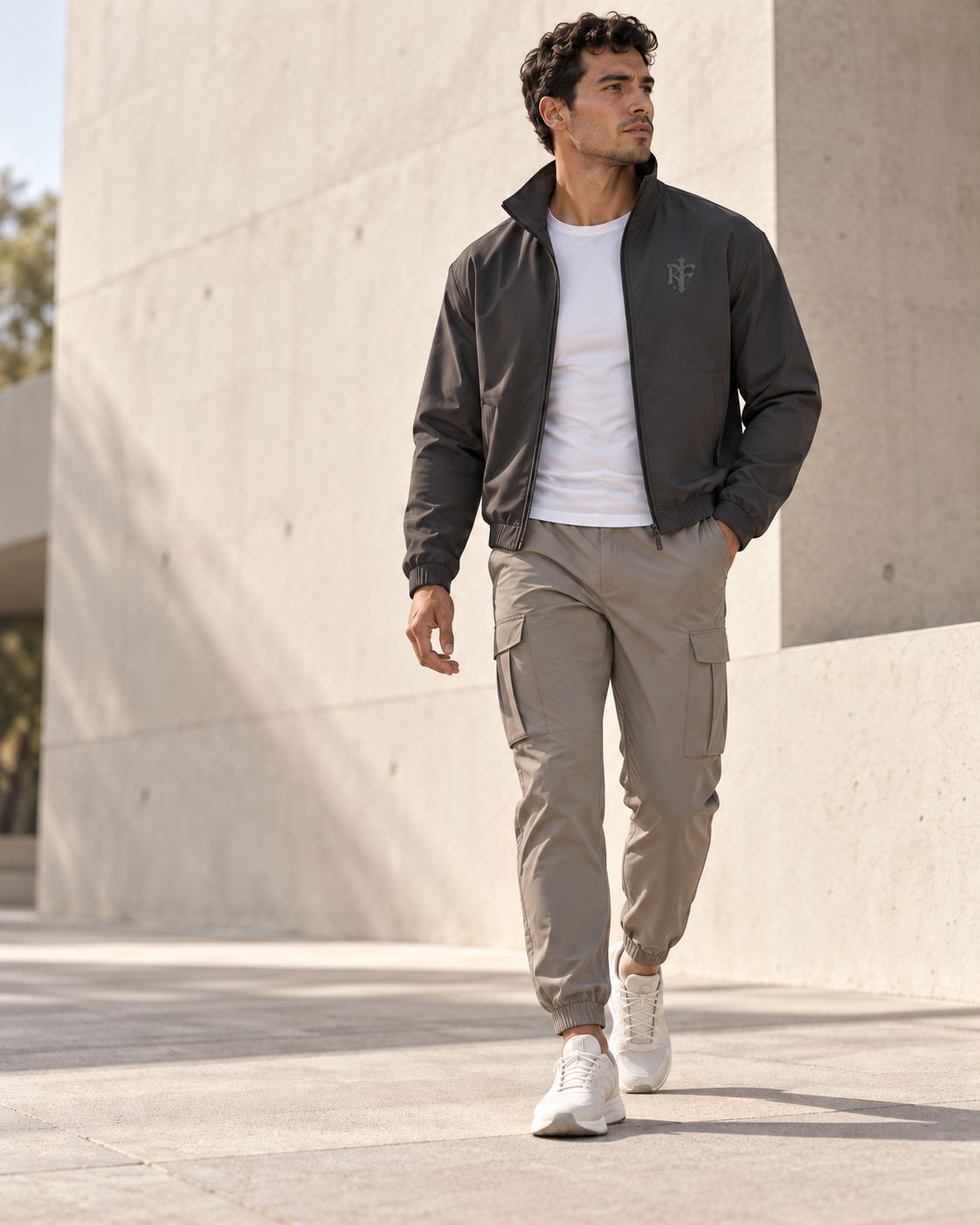 Athlete wearing a Graphite Funnel Jacket and Washed Taupe Utility Joggers in a pale concrete city setting