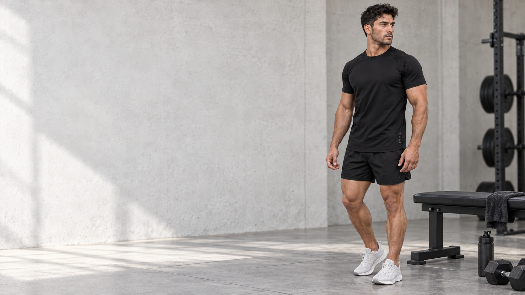Athlete between sets in an Onyx RYFT training tee and lined shorts in a bright concrete gym